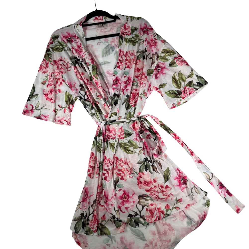 Show Me Your Mumu Floral Robe Pink White One Size OS Short Wrap Kimono Coverup